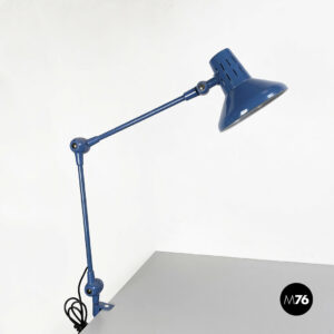 Lampada da tavolo in metallo blu con morsetto, 1970 ca.