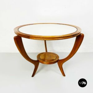 Tavolo da caffè tondo in legno con specchio, 1950 ca.