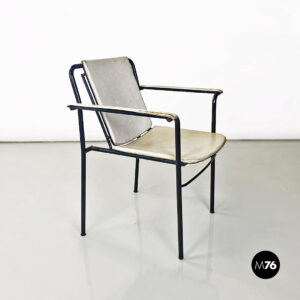 Sedia pieghevole in pelle bianca e metallo nero, 1980 ca.