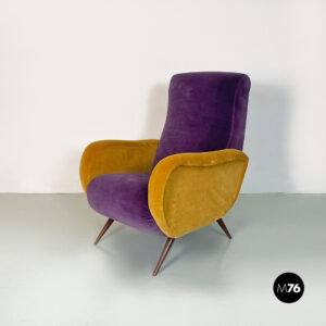 Poltrona in velluto viola e giallo, 1960 ca.