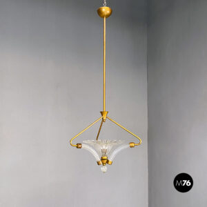 Lampadario in ottone e vetro, 1940 ca.