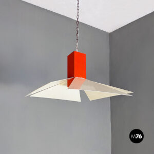 Lampadario in metallo bianco e rosso, 1980 ca.