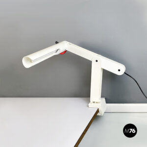 Lampada da tavolo in metallo bianco con morsetto, 1980 ca.