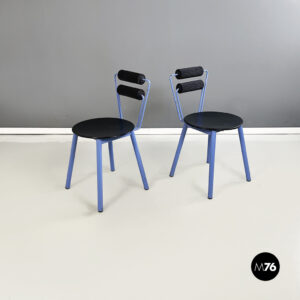Sedie in metallo blu, gomma e legno, 1980 ca.