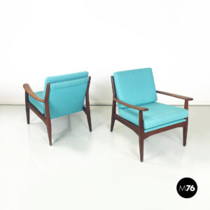 Poltrone in tessuto azzurro e legno, 1960 ca.