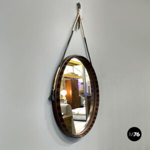 Specchio da parete in legno, pelle e corda, 1960 ca.