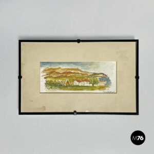 Quadro ad acquarello con cornice in legno nero, 1990 ca.