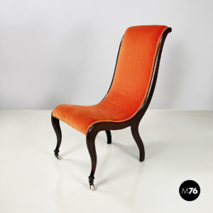 Sedia in velluto arancio e legno scuro, 1950 ca.