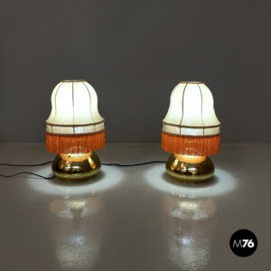 Lampade da tavolo in ottone e tessuto beige con frange arancioni, 1980 ca.