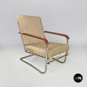 Poltrona in tessuto marrone chiaro e metallo cromato, 1940 ca.