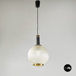 Lampadario in vetro lavorato, ottone e metallo, 1950 ca.