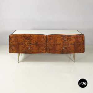 Cassettiera in legno, vetro e ottone, 1950 ca.