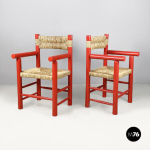 Sedie in legno rosso e paglia, 1970 ca.