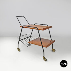 Carrello in legno, ottone e metallo nero, 1960 ca.