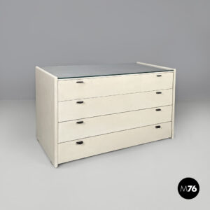 Cassettiera in vetro e legno bianco, 1980 ca.