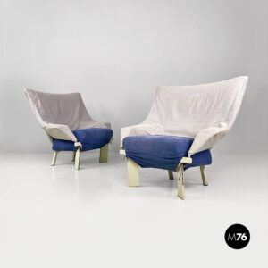 Poltrone in legno e tessuto grigio e blu, 1980 ca.
