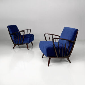 Poltrone in velluto blu e legno, 1960 ca.