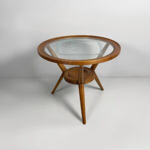 Tavolo da caffè in legno e vetro decorato, 1950 ca.