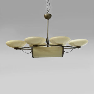 Lampadario in ottone e vetro, 1930 ca.
